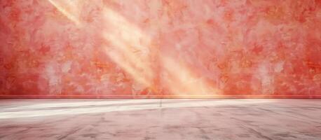 AI generated empty modern room of peach fuzz color wall with concrete floor concept background photo