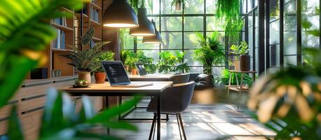 AI generated modern co working space design with laptops on table with houseplant photo