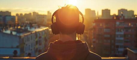 AI generated a man listening music use headphones with cityscape view photo