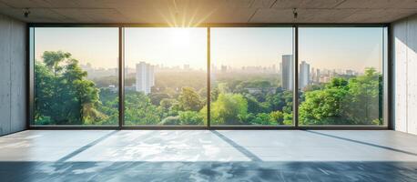 AI generated empty modern living room of glass window with concrete floor and forest view concept background photo