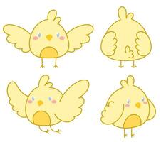 Colored vector set featuring cute chickens in various poses. With blush on the cheeks and blue eyes