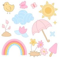 Colored vector set with icons on the theme of spring in pastel colors. Bird, flowers, umbrella, sun, clouds, rainbow