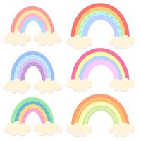 Color set with vector illustrations of different rainbows in flat style and pastel colors. Rainbow with clouds and various patterns