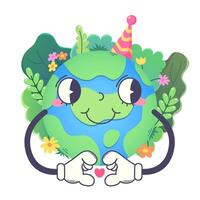 Colored vector illustration of the earth in groove style. With hands showing a heart. Trees, bushes, flowers