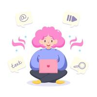 Color vector illustration with a man sitting in a laptop with icons. Player, tag, search, caption