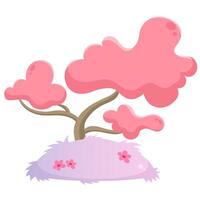 Color vector illustration of a tree in pastel pink and purple colors, with grass and flowers. Shadows, gradient, highlights