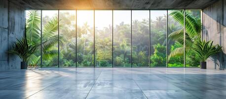 ai generado vacío moderno vivo habitación de vaso ventana con hormigón piso y bosque ver concepto antecedentes foto