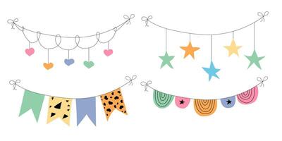 Flag garland bunting heart, star birthday party flat set. Anniversary, celebration party hanging flags cartoon collection. Buntings pennants, festival decoration. Isolated vector illustration.