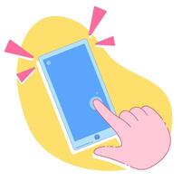 Color vector illustration with a phone icon being pressed by a finger. Touch screen and abstract background