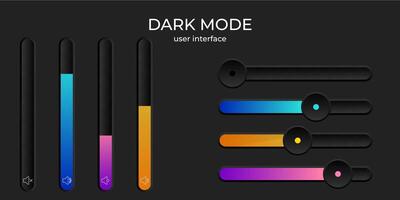 Dark mode ui simple elegant minimalist set of buttons, loading bar design. Black interface elements. Vector illustration