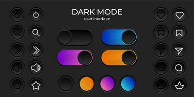 Dark mode ui simple elegant minimalist set of buttons, loading bar design. Black interface elements. Vector illustration