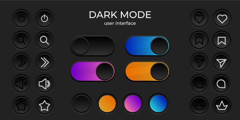 Dark mode ui simple elegant minimalist set of buttons, loading bar design. Black interface elements. Vector illustration