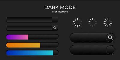 Dark mode ui simple elegant minimalist set of buttons, loading bar design. Black interface elements. Vector illustration