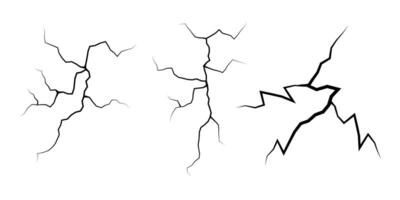 Set of cracks. Collection of different black lightning bolts. Earth crack. Set thunderstorm and lightning. Vector illustration of natural phenomena on white background.