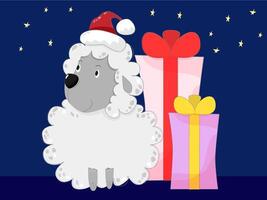 Cute sheep in hat with christmas gift vector