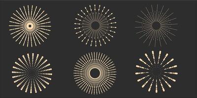 Set of light rays, sunbeams, and solar rays. Design elements, linear drawing, vintage hipster style. Set light rays, sunbeams of different sizes and intensities against a light background. vector