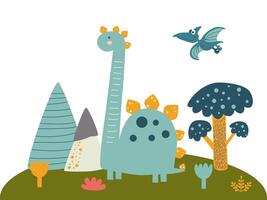 Set of cute baby jurassic dinosaurs, egg, leaf, volcano. Childish prehistoric dino paleontology. Cartoon vector. Vector illustration