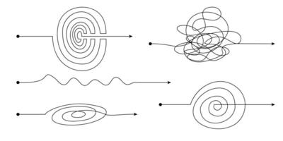 complejo fácil sencillo camino desde comienzo a idea. caos simplificando, problema resolviendo y negocio soluciones idea buscando concepto vector ilustración. mano dibujado garabatear Escribiendo caos líneas