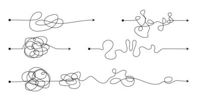 complejo fácil sencillo camino desde comienzo a idea. caos simplificando, problema resolviendo y negocio soluciones idea buscando concepto vector ilustración. mano dibujado garabatear Escribiendo caos líneas