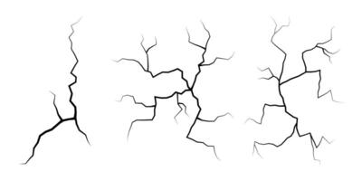 Set of cracks. Collection of different black lightning bolts. Earth crack. Set thunderstorm and lightning. Vector illustration of natural phenomena on white background.