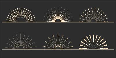 Sunburst. Set of light rays, sunbeams, and solar rays. Design elements, linear drawing, vintage hipster style. Set light rays, sunbeams of different sizes and intensities against a light background. vector