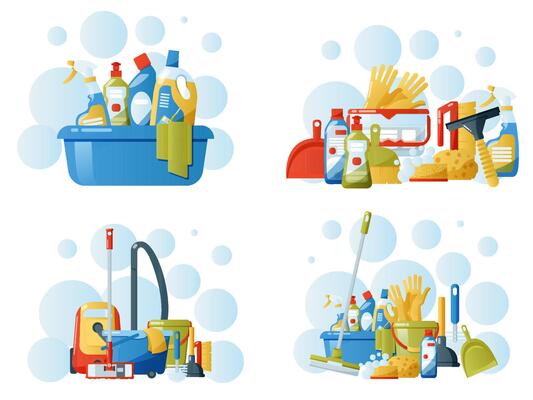 Set of cleanig supplies elements. Bucket with cleaning supplies collection isolated on white background.