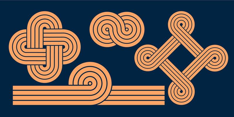 Geometric lines intersecting zen patterns. Abstract shapes and black arches in balanced figures with linear outline strokes design.