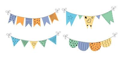 Flag garland bunting heart, star birthday party flat set. Anniversary, celebration party hanging flags cartoon collection. Buntings pennants, festival decoration. Isolated vector illustration.