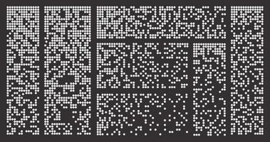 Pixel disintegration collection. Dispersed dotted pattern. Flat halftone mosaic textures . Black and white dispersed elements vector illustration.