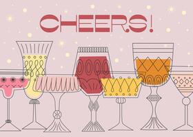 Party invitation background with drinks glasses. Holiday greeting card with cheers lettering. Celebration concept on pink background with gold stars. Set of different glasses. Vector illustration.