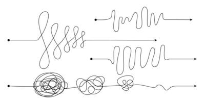 complejo fácil sencillo camino desde comienzo a idea. caos simplificando, problema resolviendo y negocio soluciones idea buscando concepto vector ilustración. mano dibujado garabatear Escribiendo caos líneas