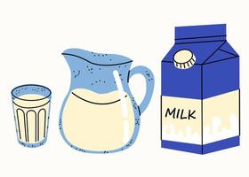 Healthy breakfast. A glass of milk, a jug of milk and a carton of milk. Set of vector flat illustrations in hand drawn style. Delicious dishes. Cartoon food icons. Isolated on a white background.