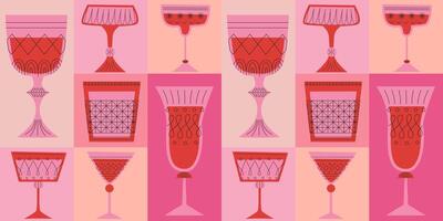 Geometric seamless pattern with alcoholic cocktails in glasses of different shapes. Drinks in different types of vintage glasses. Modern design for greeting cards, posters, wrapping, pack paper. vector