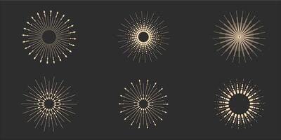 Set of sunbeams, light rays, and solar rays. Design elements, linear drawing, vintage hipster style. Set light rays, sunbeams of different sizes and intensities against a light background. vector