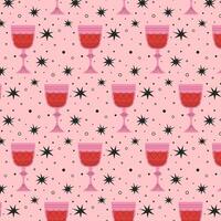 Pattern with alcoholic cocktails in glasses of different shapes in red and pink colors. Drinks in different types of vintage glasses. Modern design for greeting cards, posters, wrapping, pack paper. vector