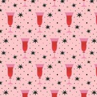 Pattern with alcoholic cocktails in glasses of different shapes in red and pink colors. Drinks in different types of vintage glasses. Modern design for greeting cards, posters, wrapping, pack paper. vector