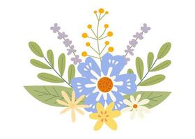 hermosa primavera o verano ramo de flores en un blanco antecedentes. linda mano dibujado plano vector flores, hojas, bayas. vector ilustración para tarjeta, bandera, póster, Boda invitación. floral primavera póster.