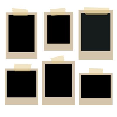 Set of old polaroid frames of different shapes. Superset photo frame on sticky tape isolated on white background. Photo frame vector mockup. Collage templates