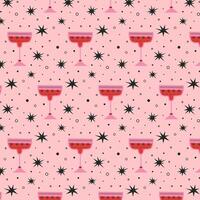 Pattern with alcoholic cocktails in glasses of different shapes in red and pink colors. Drinks in different types of vintage glasses. Modern design for greeting cards, posters, wrapping, pack paper. vector