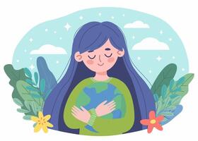 Cute girl hugs the planet. Vector illustration for earth day and other environmental concepts. Template for card, poster, banner and web. Save the planet, cartoon flat style illustration.