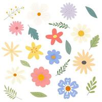 Set of flowers and floral elements in flat style. Beautiful spring or summer floral pattern. Vector hand drawn illustration for greeting card, invitation, poster, design.