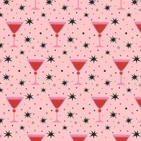 Pattern with alcoholic cocktails in glasses of different shapes in red and pink colors. Drinks in different types of vintage glasses. Modern design for greeting cards, posters, wrapping, pack paper. vector