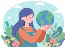 un linda niña sostiene un planeta en su manos. vector ilustración para tierra día y otro ambiental conceptos. modelo para tarjeta postal, póster, bandera y web. salvar el planeta, dibujos animados plano estilo ilustra