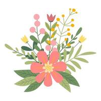 Beautiful spring or summer bouquet on a white background. Cute hand drawn flat vector flowers, leaves, berries. Vector illustration for card, banner, poster, wedding invitation. Floral spring poster.