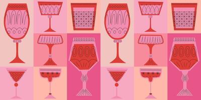 Geometric seamless pattern with alcoholic cocktails in glasses of different shapes. Drinks in different types of vintage glasses. Modern design for greeting cards, posters, wrapping, pack paper. vector