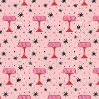 Pattern with alcoholic cocktails in glasses of different shapes in red and pink colors. Drinks in different types of vintage glasses. Modern design for greeting cards, posters, wrapping, pack paper. vector