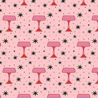 Pattern with alcoholic cocktails in glasses of different shapes in red and pink colors. Drinks in different types of vintage glasses. Modern design for greeting cards, posters, wrapping, pack paper. vector