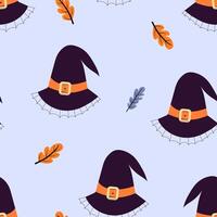 Seamless vector Halloween pattern design. Fashionable pattern with hats, leaves for wrapping paper, wallpaper, stickers, notebook cover.