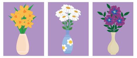 Bouquets of flowers. A bouquet of garden flowers in vases, a bouquet of daffodils, daisies and daisies. Vector set of floral decoration. Suitable for March 8, Mothers Day, invitations, greeting cards.