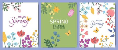 Collection of modern botanical floral backgrounds. Minimalist fashionable design with hand drawn spring flowers and leaves. Vector template for greeting card, banner, poster.